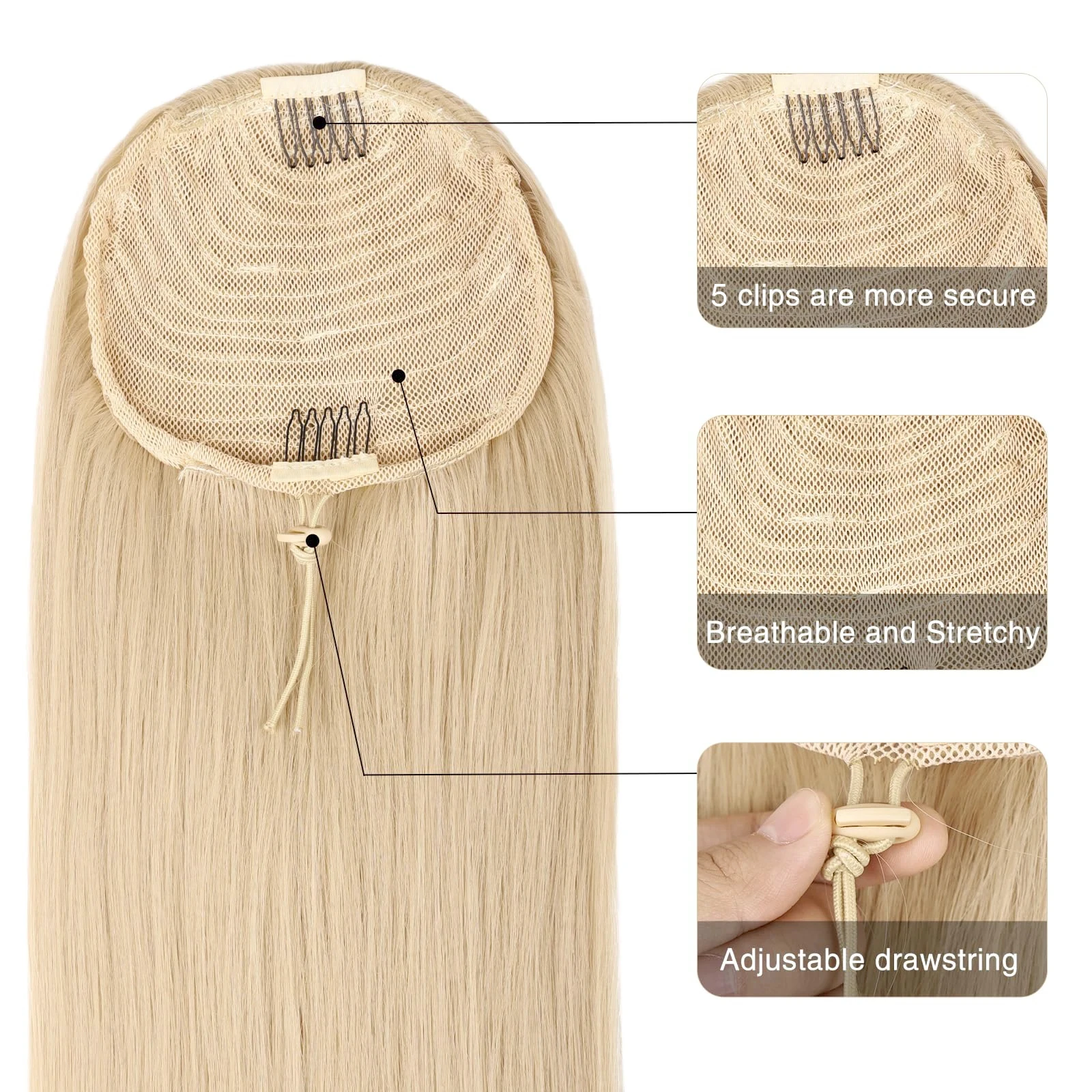 # Extensiones de cabello con cola de caballo con cordón recto Rubio 613, extensiones de cabello humano 100% sin procesar, 10-26 pulgadas, 120G para mujeres