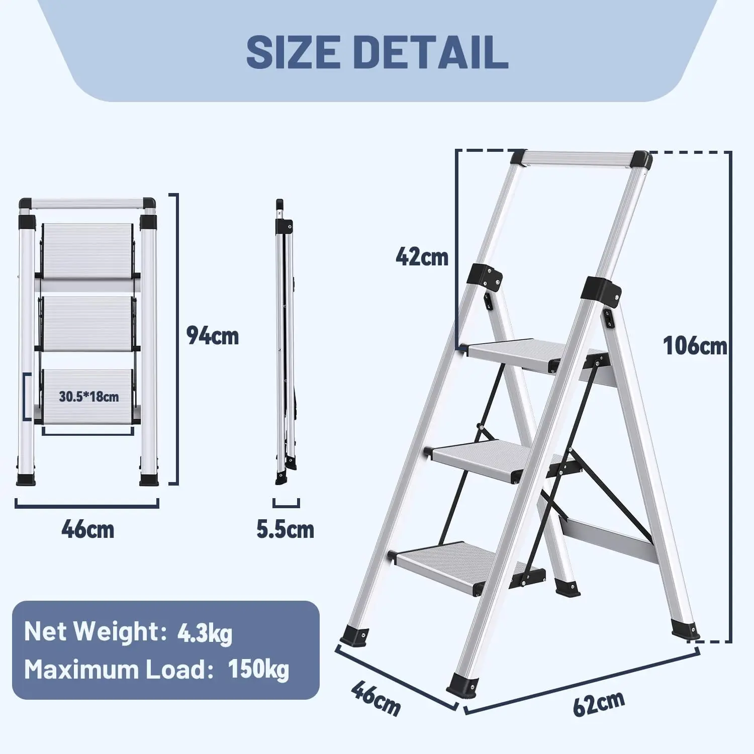 XinSunho Scala Alluminio 3 Gradini, Scaletta Pieghevole con Vaschetta Portaoggetti, Scala con Corrimano Estraibile, Scala in Alluminio Antiscivolo, Per Uso Domestico e Lavorativo, Portata 150 kg