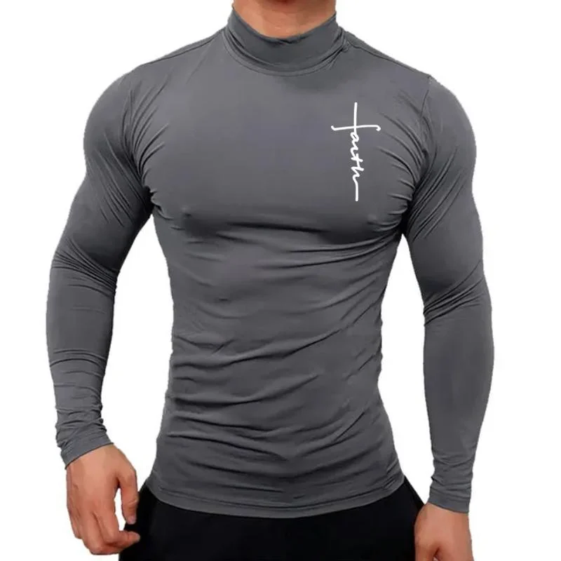 新しいファッションメンズハイカラー長袖Tシャツ、メンズフィットネスワークアウトシャツジムトレーニングトップスマッスルTシャツ、信仰グラフィックTシャツ