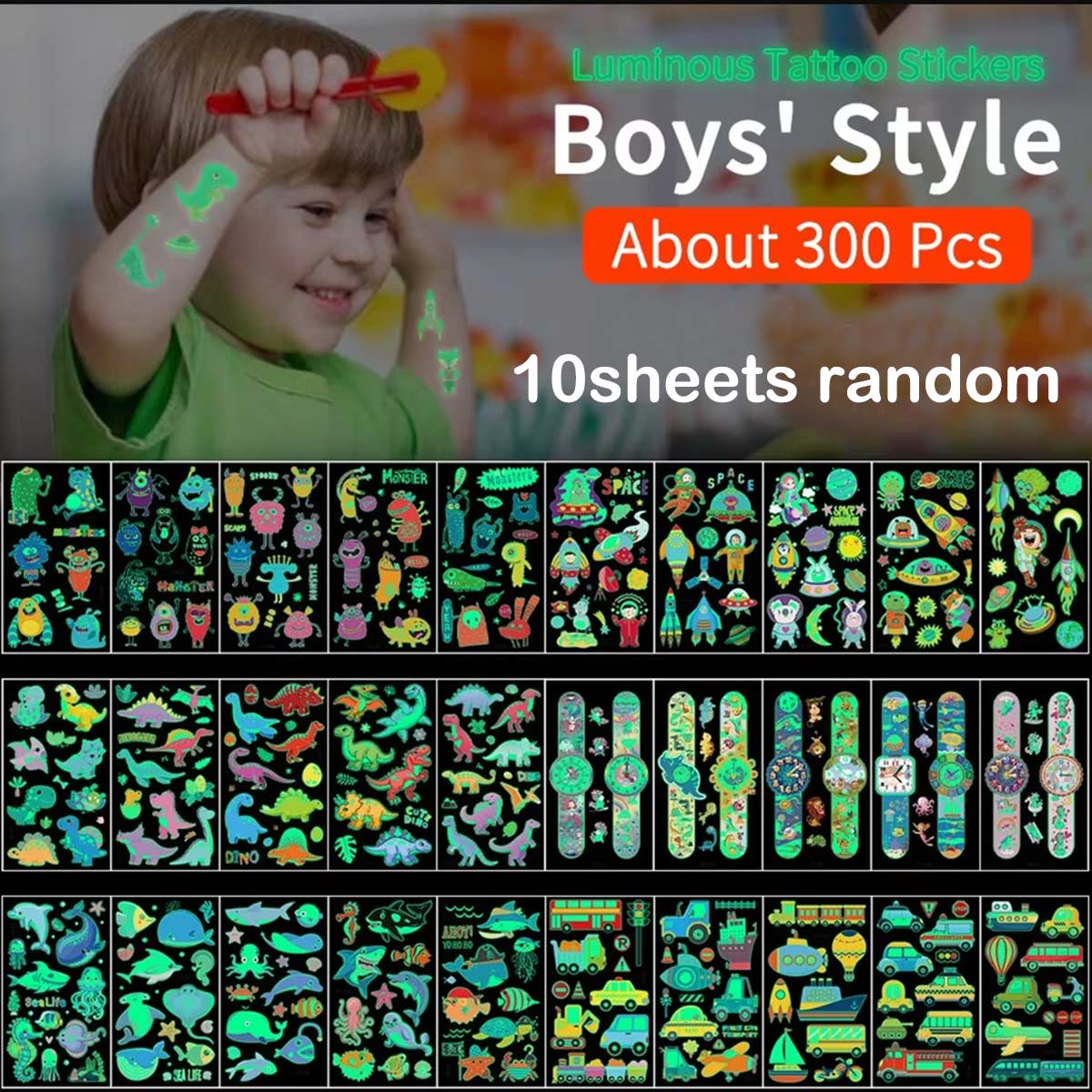10 pçs crianças adesivos de tatuagem luminosa crianças brilho corpo paster unicórnio borboleta animal dinossauro sereia dos desenhos animados adesivos presente