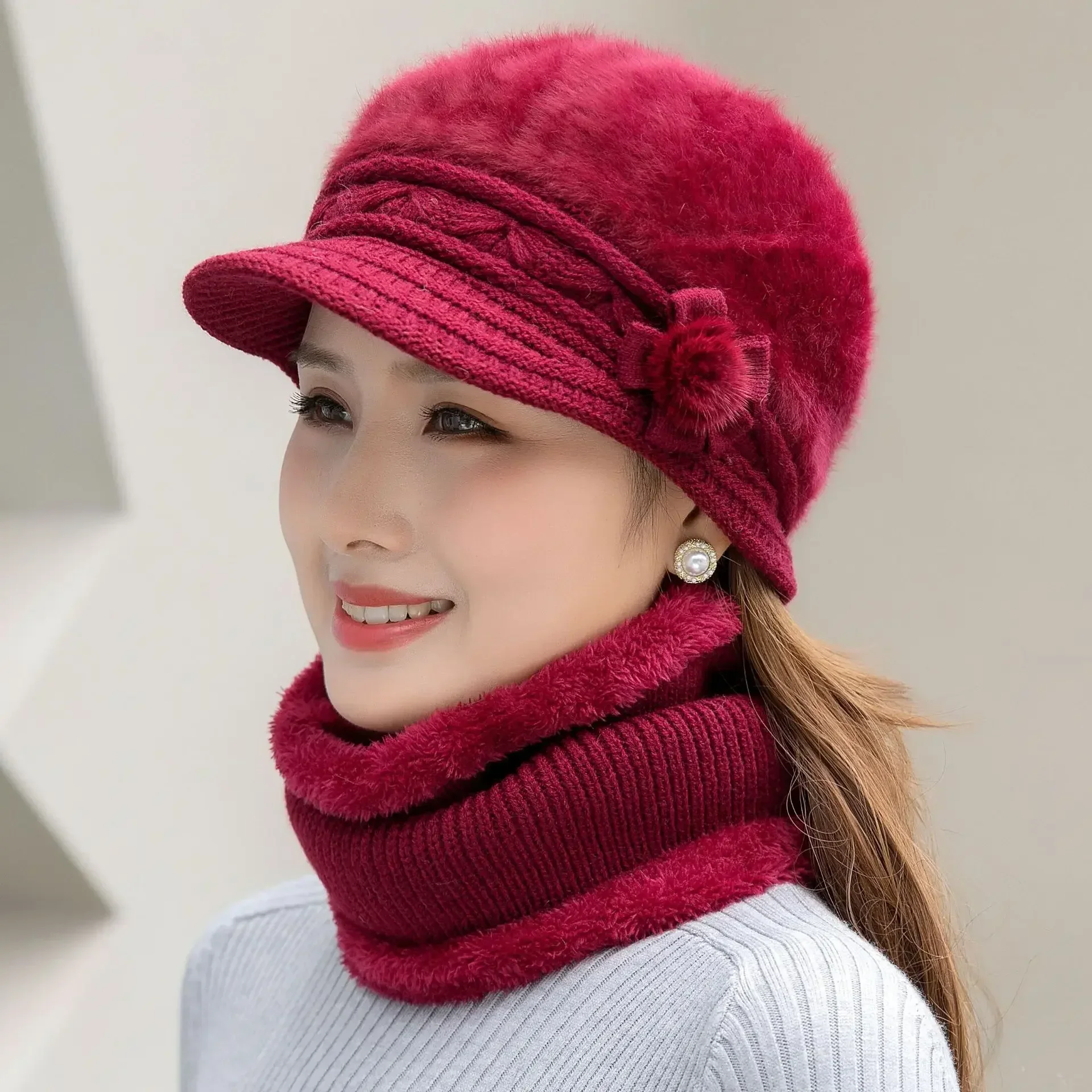 Gorro de invierno para mujer, gorro que mantiene el calor, conjunto de gorro y bufanda forrado de piel, gorros cálidos para mujer, gorro tejido informal de piel de conejo para invierno 2024