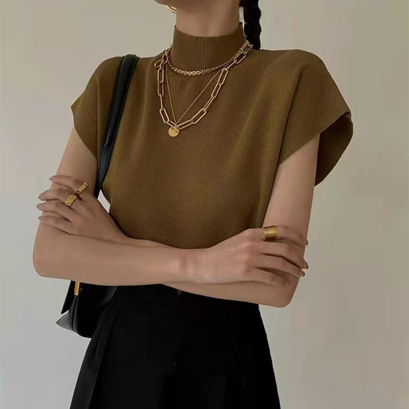 Clearance_1pc Shirt En Blouses Kantoor Dame Mode Zomer Vrouw Opstaande Kraag Gebreid Vest Losse Elegante Tops Korte Mouw 1pc
