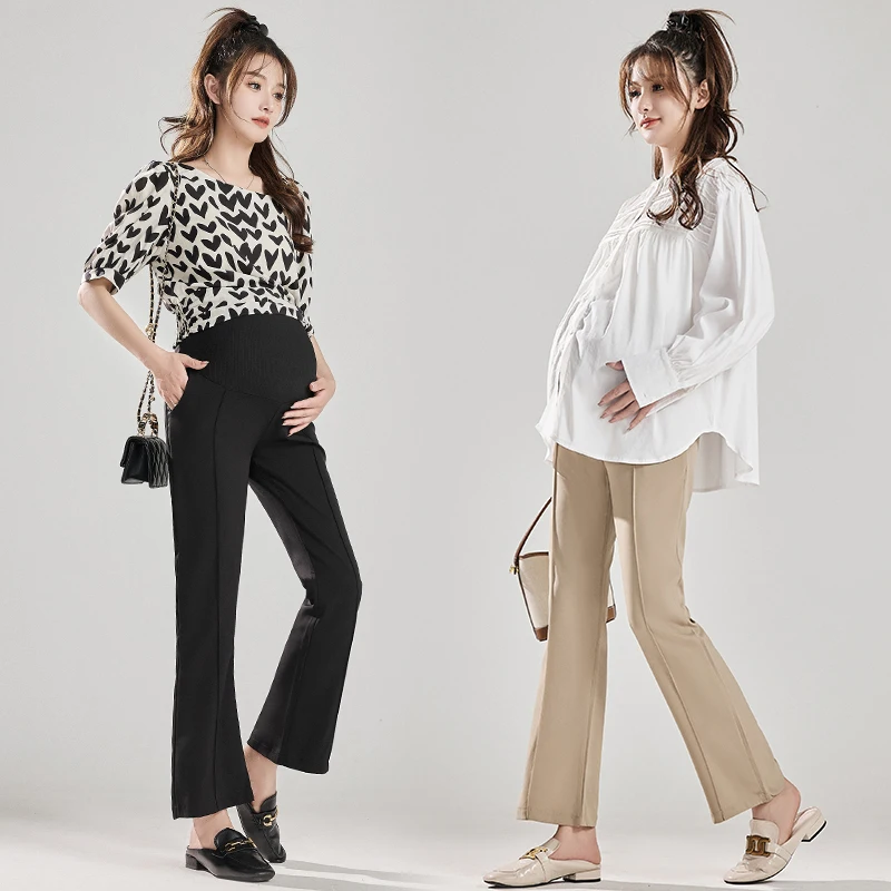 Pantalones recortados de corte de botas para mujeres embarazadas, ropa de embarazo, corte de botas, suave, caída, moda de primavera y verano