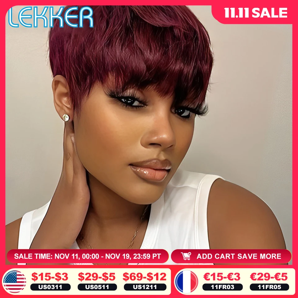 Lekker Màu Ngắn Thẳng Bob Pixie Tóc Tóc Giả Với Bangs Cho Nữ Brasil Remy Tóc Không Ren Đỏ Burgundy giá Rẻ Tóc Giả