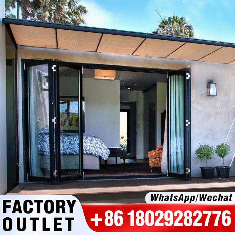 Sistema de porta deslizante dobrável com portas bifold de vidro temperado de alumínio