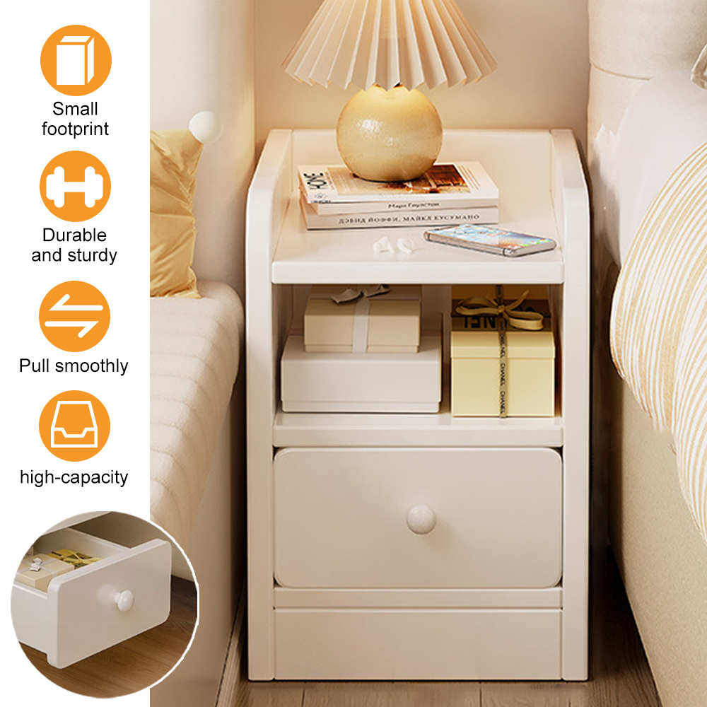 Double Drawer Night Table, White Bedside Table, Small Footprint, Durable And Sturdy, Smooth Rounded Edges And Corners