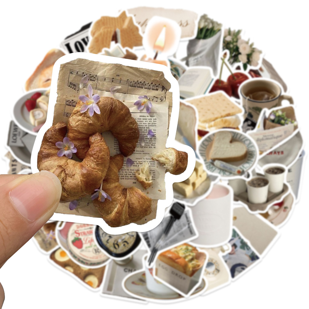 สติกเกอร์ลายแมวและขนมปังแนวย้อนยุค10/30/50ชิ้นสติกเกอร์กราฟฟิตีกันน้ำกระเป๋าตกแต่งสวยงามสมุดบันทึกโทรศัพท์แล็ปท็อปสติกเกอร์สำหรับเด็ก