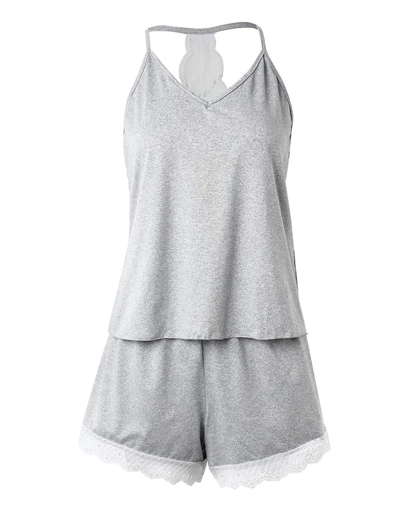 Pijamas de encaje de ganchillo para mujer, conjunto de 2 piezas sin mangas con cuello en V, ropa de dormir informal, traje Sexy sólido para el hogar, ropa de verano