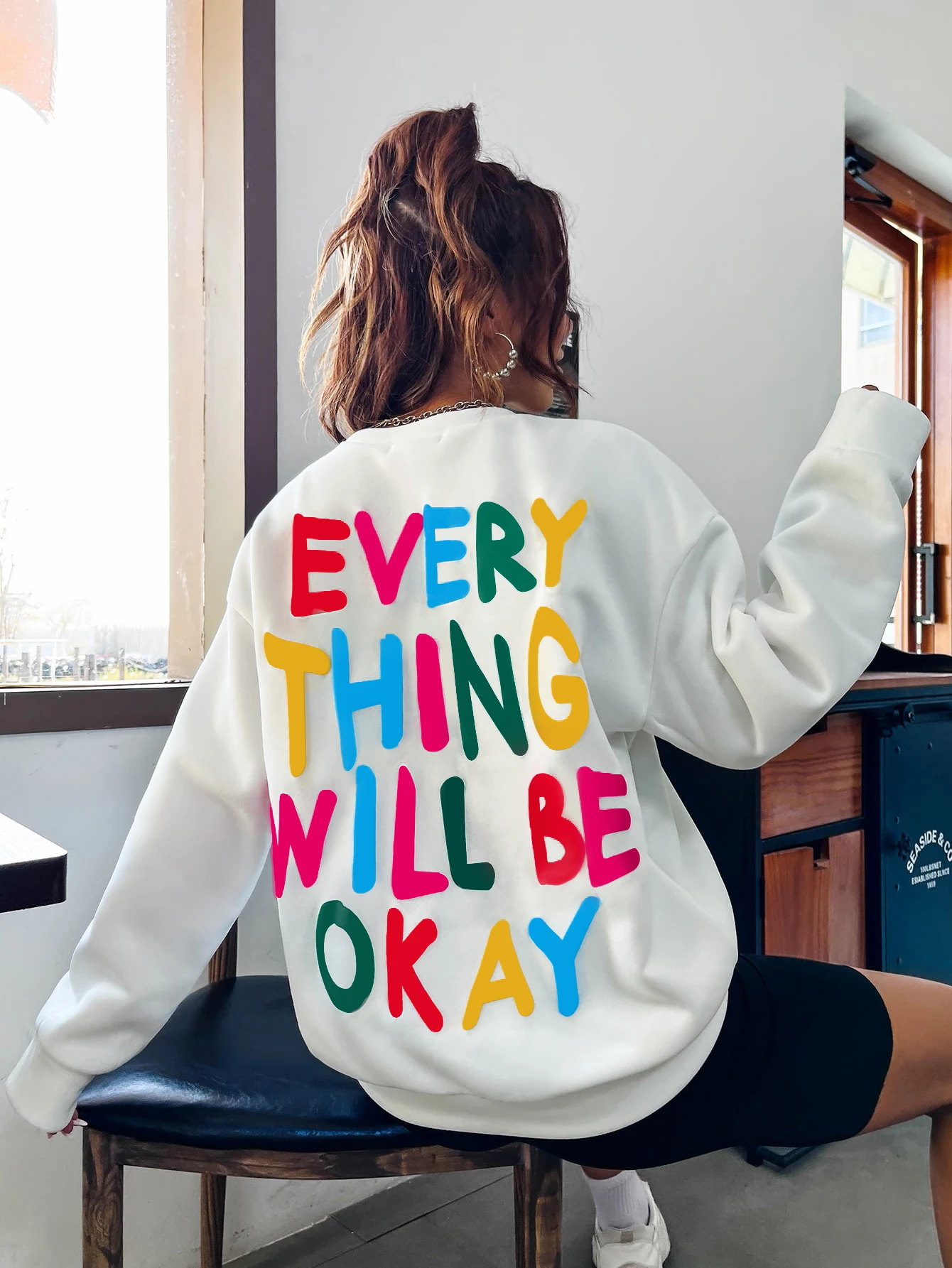 Mode femme sweat tout ira bien lettre imprimé pull ample chaud col rond sweats à capuche décontracté femme vêtements