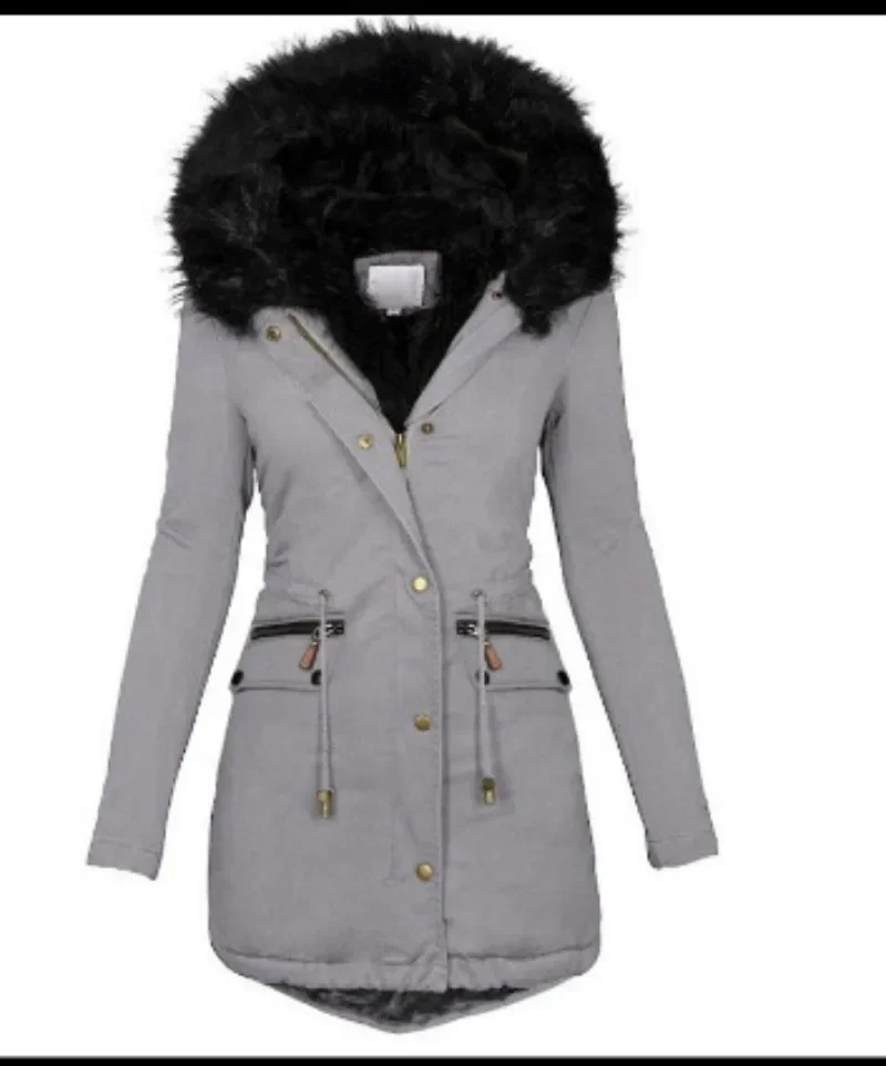 Nueva chaqueta ajustada y delgada para mujer, abrigo de algodón con cremallera cálida de longitud media con capucha y cuello de lana de Color sólido para mujer