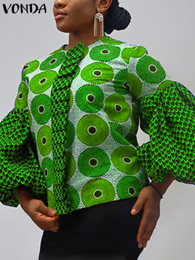 Plus Size 5XL VONDA Elegant O-Neck Ruffled Shirts Women Printed Blouses 2025 Casual Patchwork Blusas Lantern Long Sleeve Tops