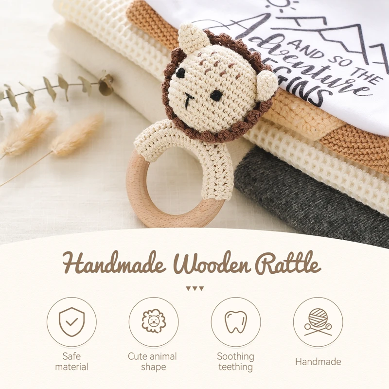 เพลงเด็ก Rattle ยางกัดของเล่นทารกแรกเกิดโครเชต์สิงโตสุนัขแหวนไม้สร้อยข้อมือ Rattle Soother ยางกัดของเล่นทําด้วยมือของเล่นเด็ก