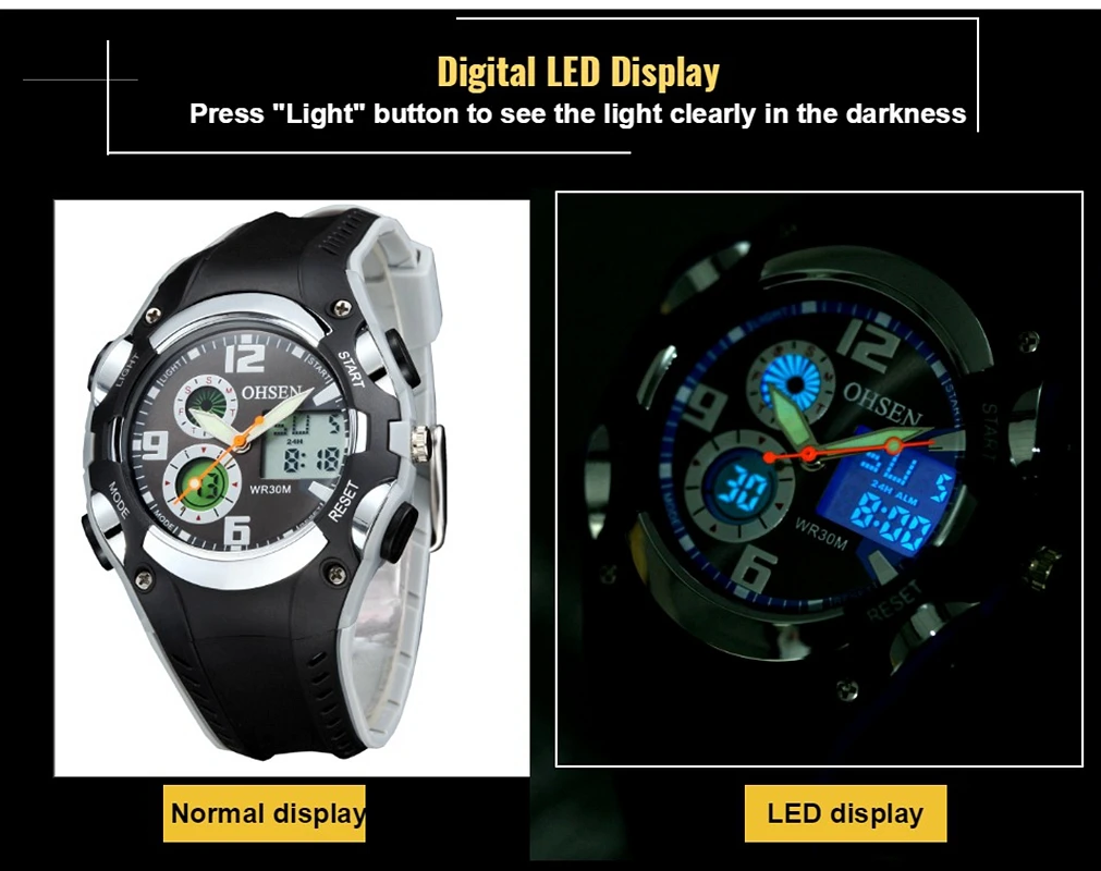 Original OHSEN ดิจิตอลควอตซ์เด็กกีฬานาฬิกา 30M กันน้ํายางสีดําแฟชั่น LED ว่ายน้ํานาฬิกาข้อมือของขวัญ