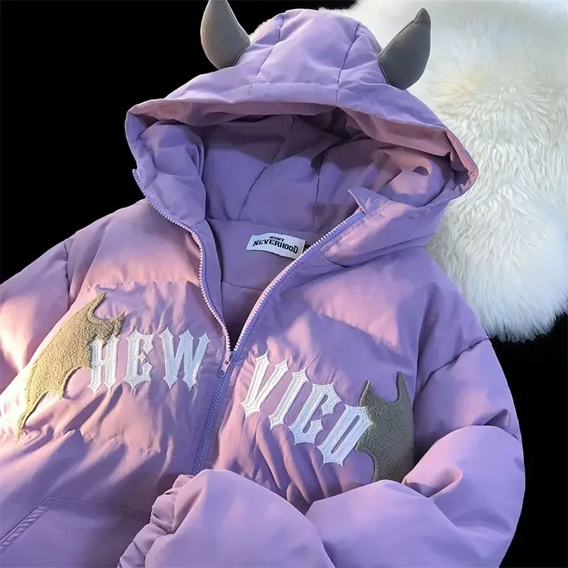 Inverno nova jaqueta de algodão diabo asa bordado pão jaquetas das mulheres dos homens do vintage harajuku casual solto com capuz algodão-acolchoado