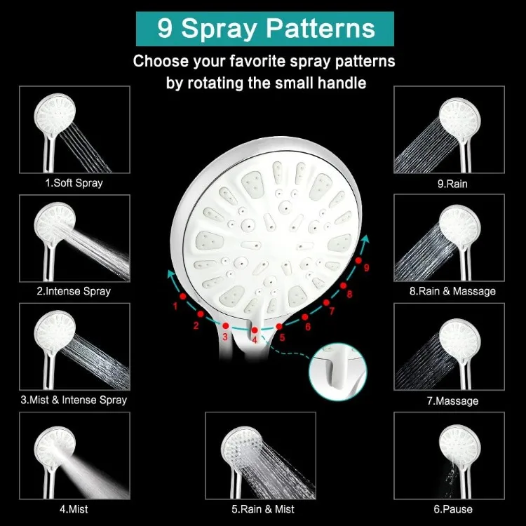 Shower Head, 8 Inch High Pressure Rainfall Shower Head/Handheld Shower Combo with 11 Inch Extension Arm, 9 Settings Adjustable A