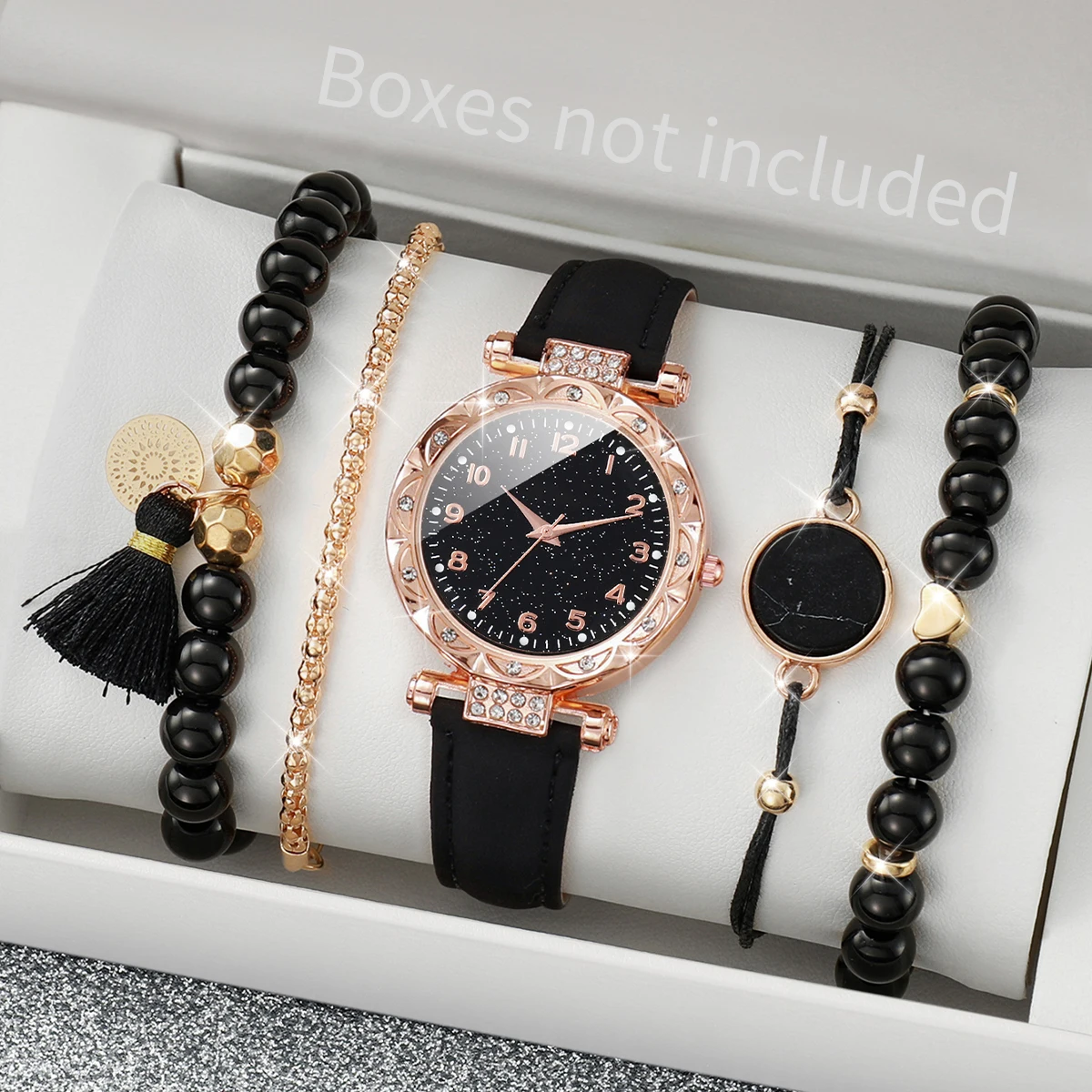 5 ชิ้น/เซ็ตนาฬิกาผู้หญิงแฟชั่น Rhinestone หนัง Band นาฬิกาควอตซ์สร้อยข้อมือลูกปัดชุด (ไม่มีกล่อง)