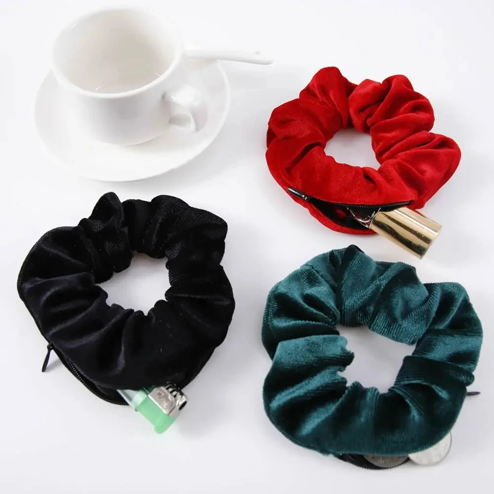 Scrunchie portátil oculto, caja de almacenamiento con compartimento para corbata de pelo secreto, con cremallera, para ocultar llaves, joyería en efectivo, viajes al aire libre