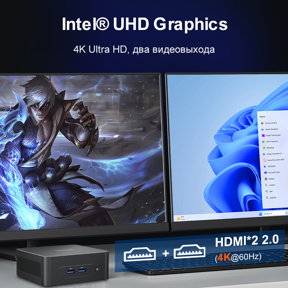 Мини-ПК Ninkear N10 Intel N100, четырехъядерный процессор, 3,4 ГГц, 16 ГБ + 512 ГБ, Windows 11 Pro