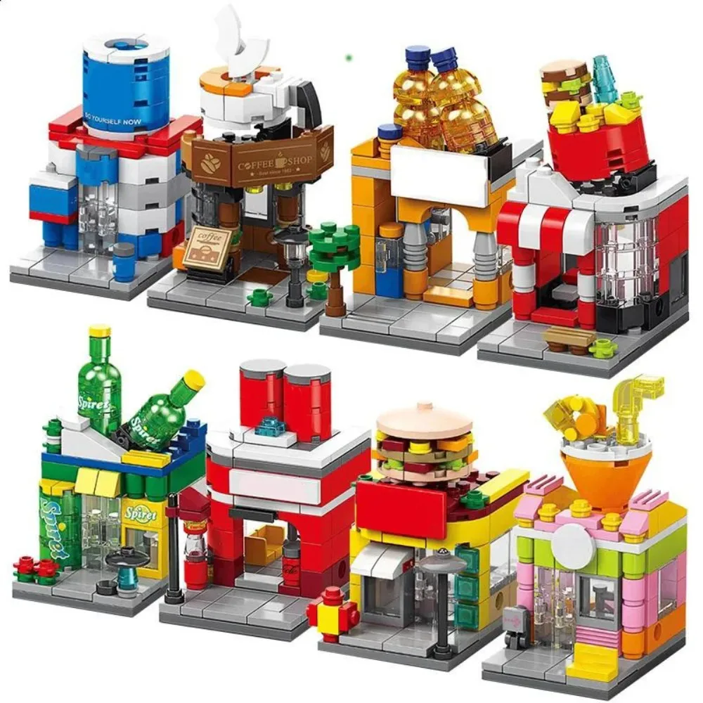 City Mini Shop Supermarket Street View Model Building Blocks Hamburger Restaurant Retail Store Bricks Architecture Friend Girl