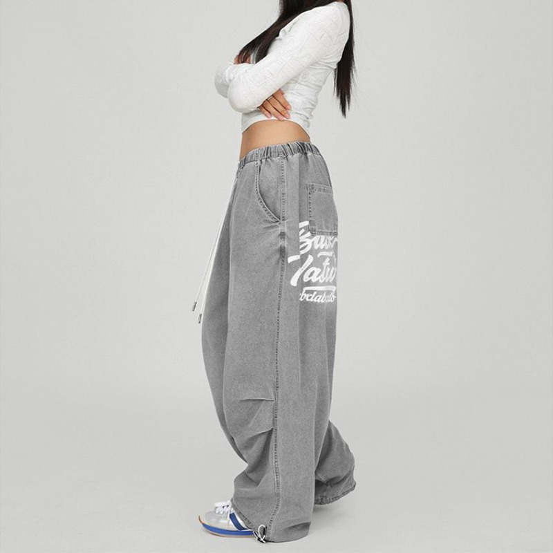 น้ําซีเมนต์สีเทา Hip Hop กางเกงยีนส์วินเทจผู้หญิง American High Street Hundred Dance JAZZ Casual กางเกงฤดูใบไม้ร่วง Frayed Design กางเกงยีนส์