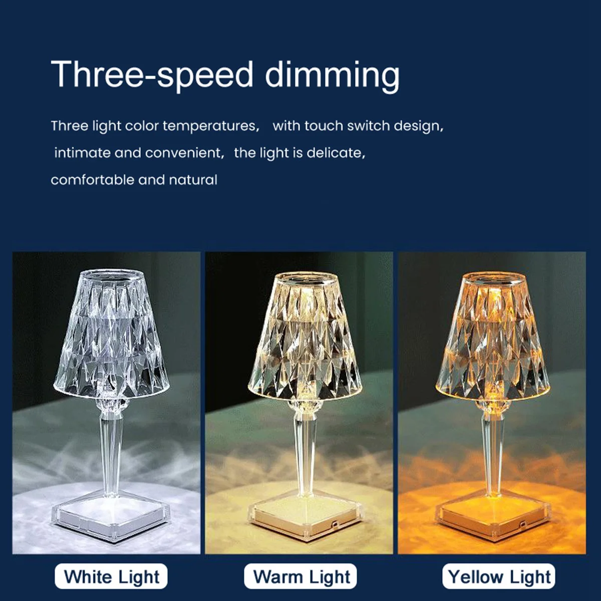 3Colors Diamond Table Lamp Crystal LED Bar Table Lamp Rechargeable Touch Sensor Dimming Bedside Lamps for Bedroom Decor