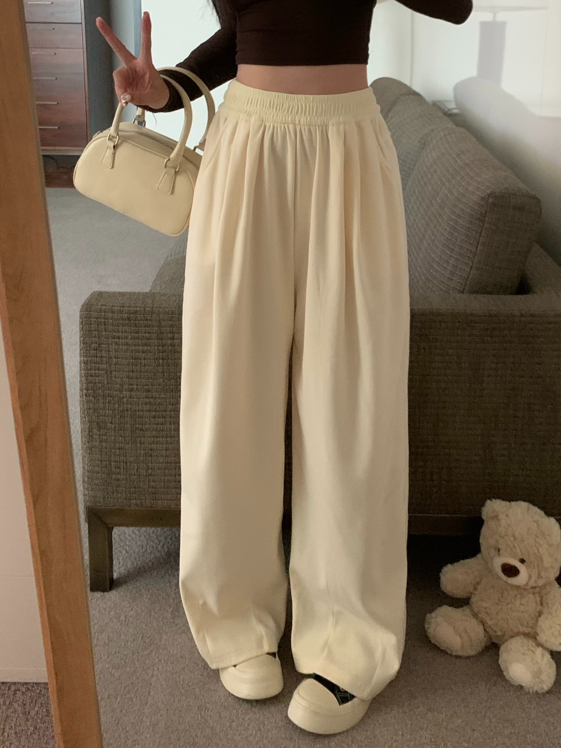 春 2025 ハイウエスト肥厚怠惰なスタイルセムバッハパンツドレープ折りストレートカジュアル床長さの長ズボン女性のための