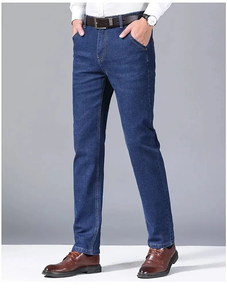 Primavera Verano negocios Jeans hombres azul claro Casual recto estiramiento moda clásico trabajo Denim pantalones marca ropa