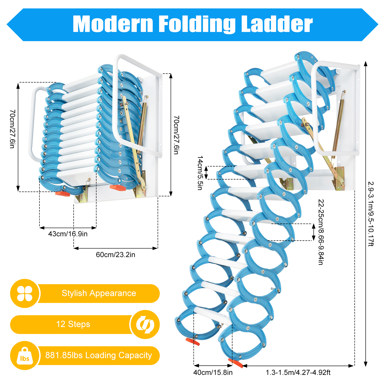 Outdoor Wall Mounted Staircase Telescopic Step Ladder Attic Ladder Aluminum Alloy Folding Staircase Lift Ladder Load 882lbs