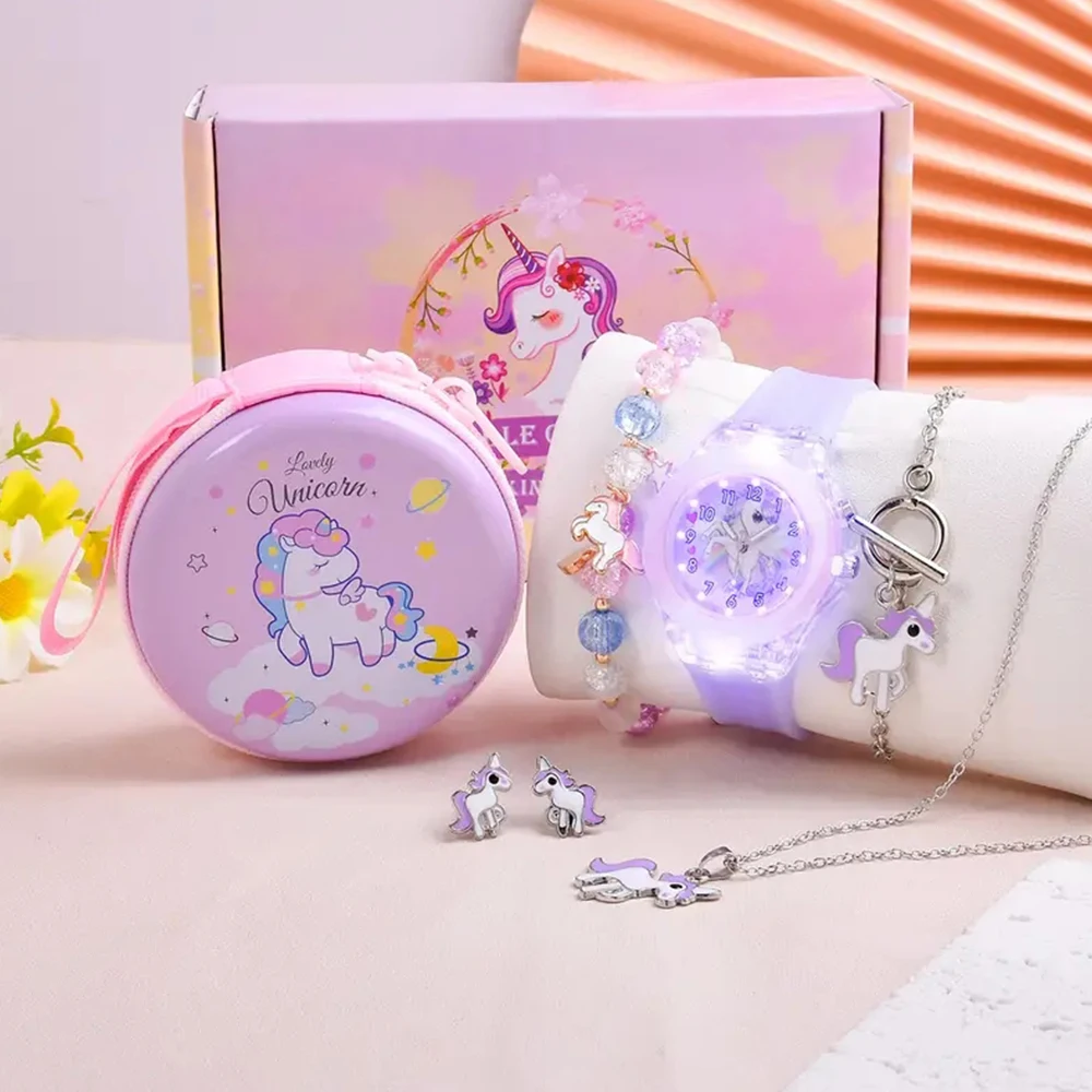 Unicorn Light Up Watch para estudantes, giroscópio Turntable, display eletrônico, cavalo colorido, moda, criativo