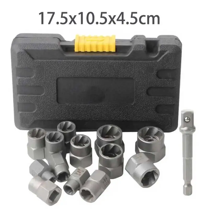 14 Pieces Impact Bolt & Nut Remover Set Cr-Mo Steel Bolt Extractor Tool Set with Solid Storage Case for Industrial Drop Shipping