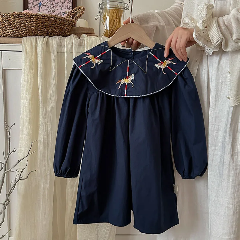 2025 Autumn Carousel Embroidery Lapel Long Sleeved Girls' Dress Clothing Spring Campus Navy Style Children's Pure Cotton Dress