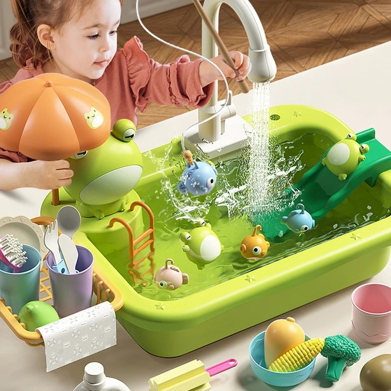 Brinquedo de pia de cozinha infantil com máquina de lavar louça elétrica e água corrente, jogo de pesca de comida para meninas e meninos de 3 anos, presente de aniversário