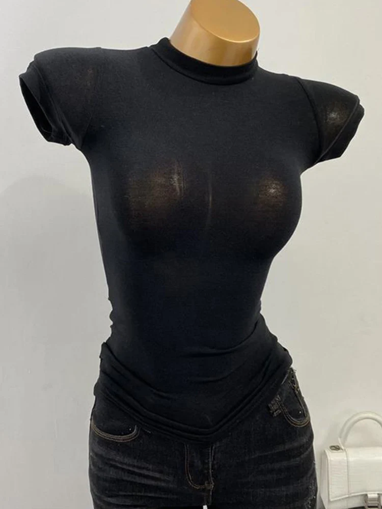 女性用ハイカラーTシャツ,半透明,半袖,スリム,伸縮性,抵抗力があり,横に着用,セクシー,大きな胸