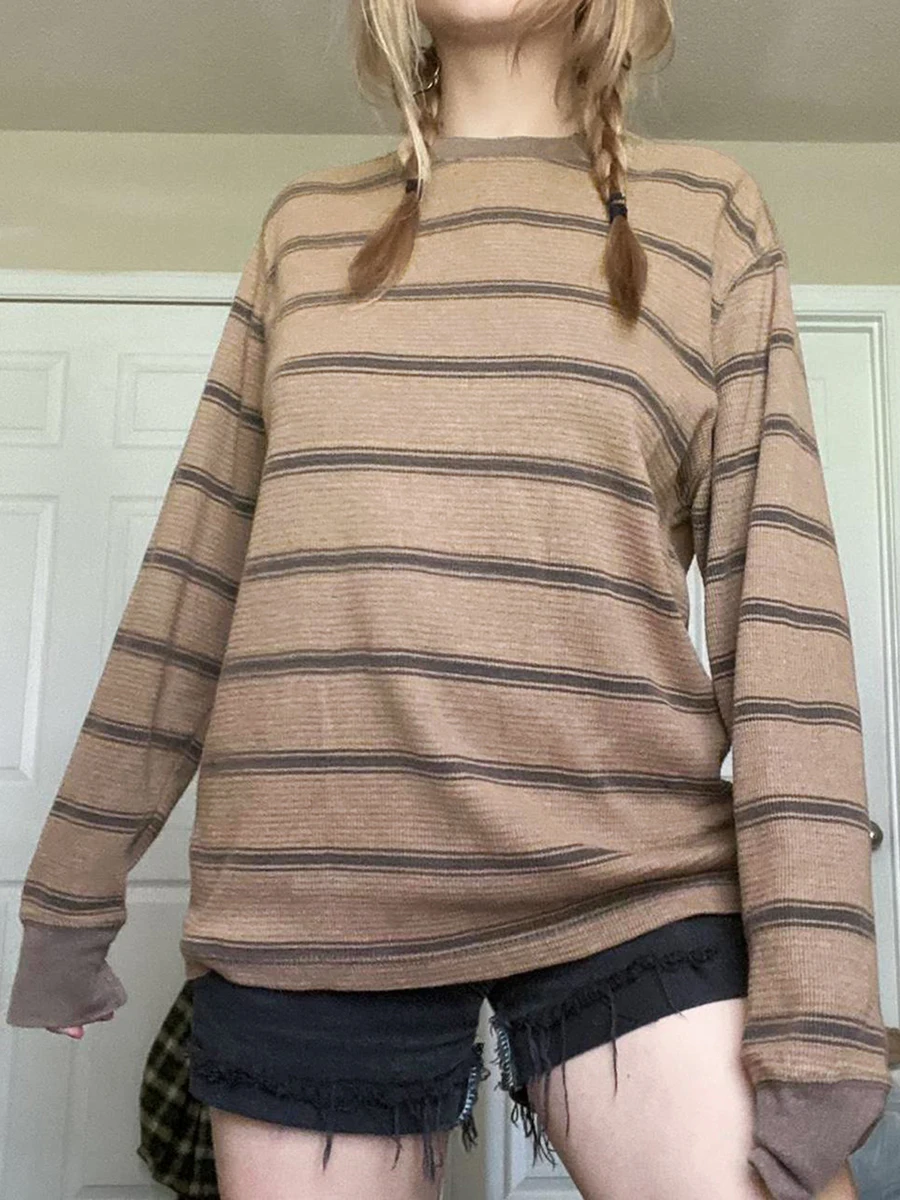 Nữ Thần Tiên Grunge Đan Áo Sơ Mi Basic Thu Y2K Màu Xám Phối Sọc Dài Tay Cổ Tròn Cao Cấp Emo Tee
