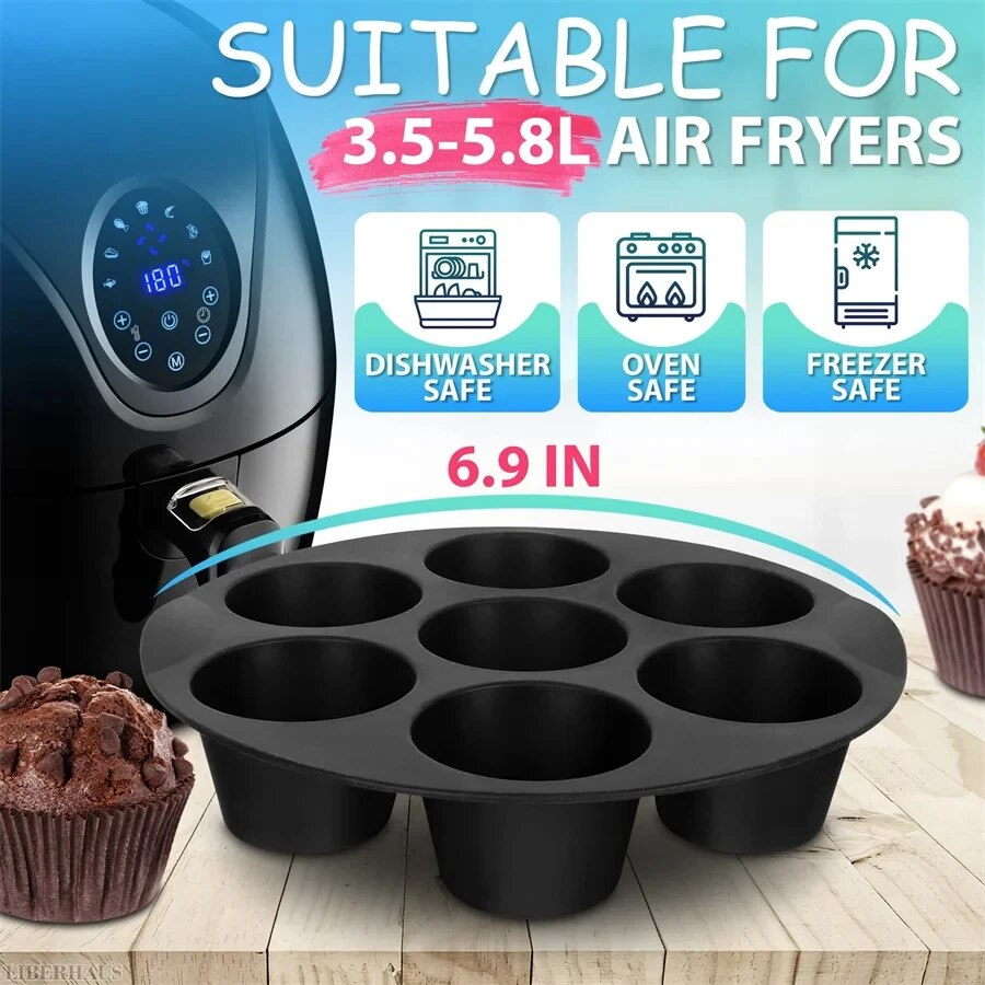Moule à muffins en silicone Airfryer, moule à gâteau Chi, mini moule à gâteau antiadhésif, accessoires pour friteuse à air, 7 standards, 3.5 à 5.8 L, 7 po