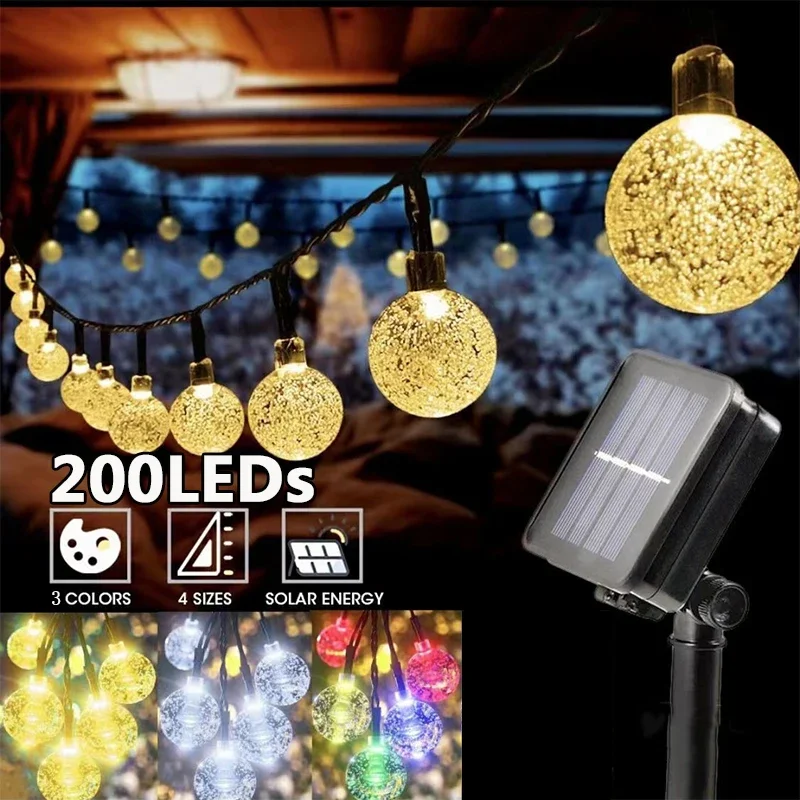 Guirnaldas de luces alimentadas por energía Solar, guirnalda navideña de luces de hadas de cristal para exteriores, 8 modos, luz impermeable para Patio, decoración de fiesta en el jardín