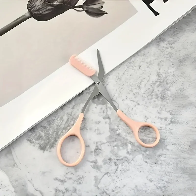 1pc Pink Eyebrow Trimming Scissors With Built-In Comb, Precision Grooming Tool For Perfect Brows Beauty Tool
