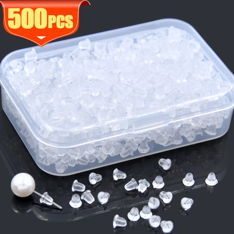 500 Uds con caja tapones para los oídos de goma suave pendiente transparente tapón trasero tachuelas para pendientes DIY tapón de silicona tapones traseros
