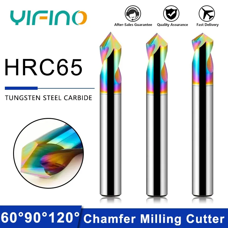 YIFINO HRC65 Colorful Coating Tungsten Steel Chamfering Cutter CNC Aluminum 60°90°120° Chamfer Milling Cutter