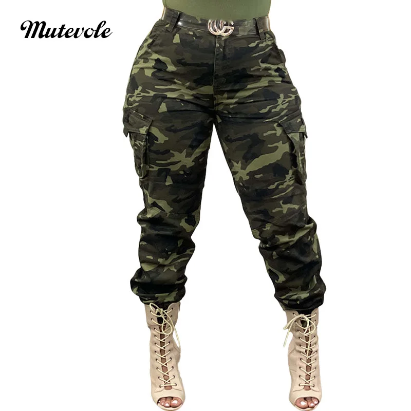 Mutevole Camouflage-Cargohose, Jogginghose für Damen, schmale Passform, grüne Bleistifthose, Knopftasche, Joggerhose