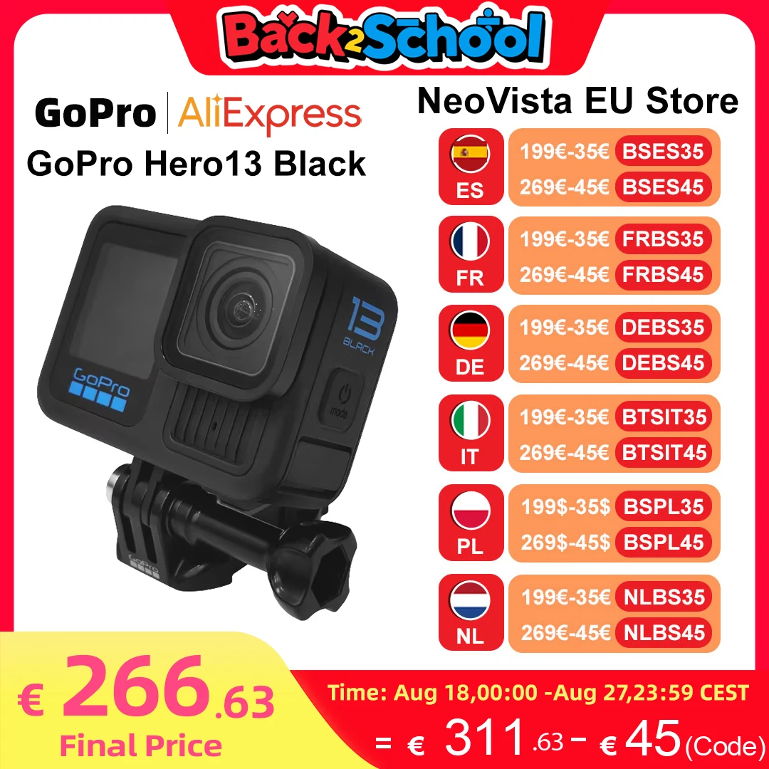 【Disponibilità UE】 GoPro Hero 13 Fotocamera sportiva nera Impermeabile e anti-vibrazione Ciclismo Videocamera per sport live 5.3K Go Pro Hero 13