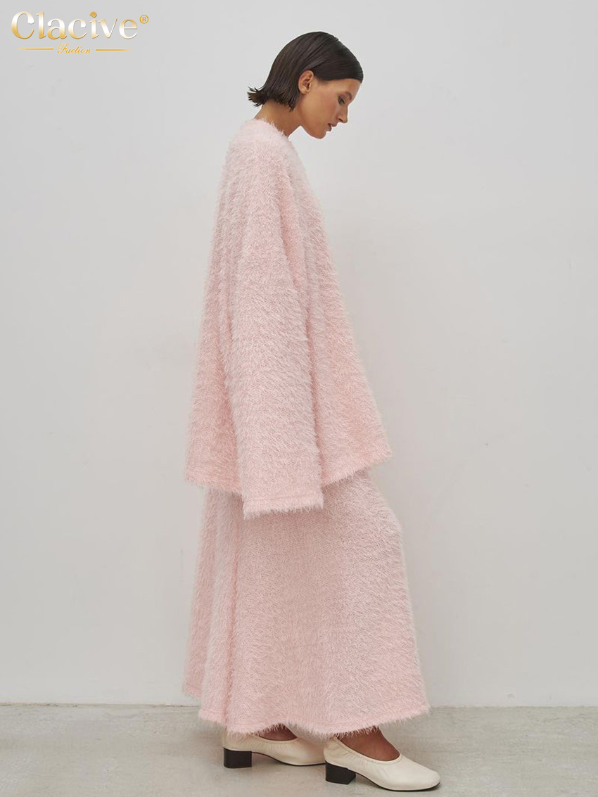 Clacive-Conjunto informal holgado de color rosa para mujer, conjunto de 2 piezas, camisa elegante de manga larga con falda hasta el tobillo de cintura alta, 2024