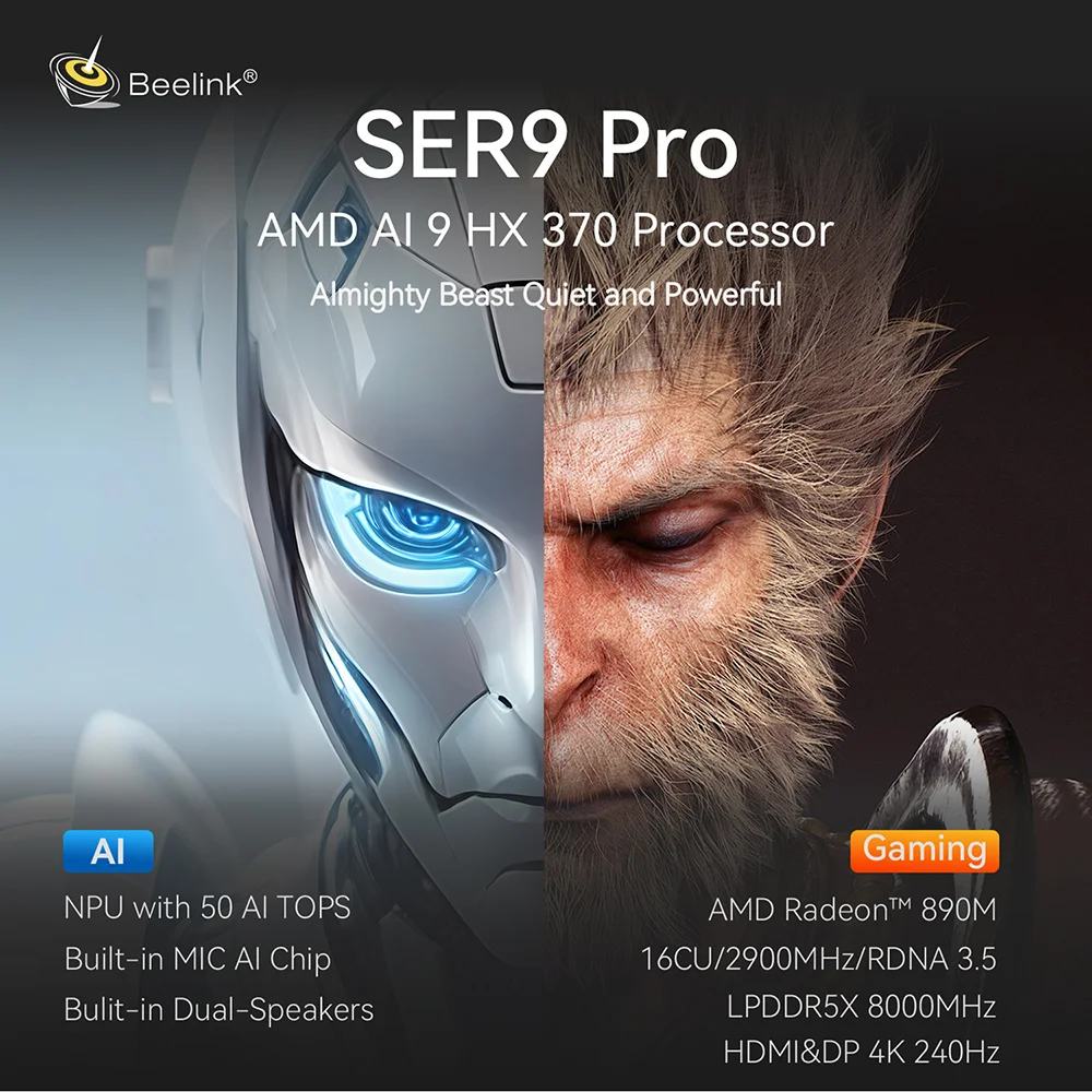 Beelink SER9 Pro AMD Ryzen AI9 HX370 Мощный ПК с искусственным интеллектом 32G DDR5 1T NVME Мини-игровой ПК PCIe4.0 SSD Настольный компьютер VS SER8 8845HS