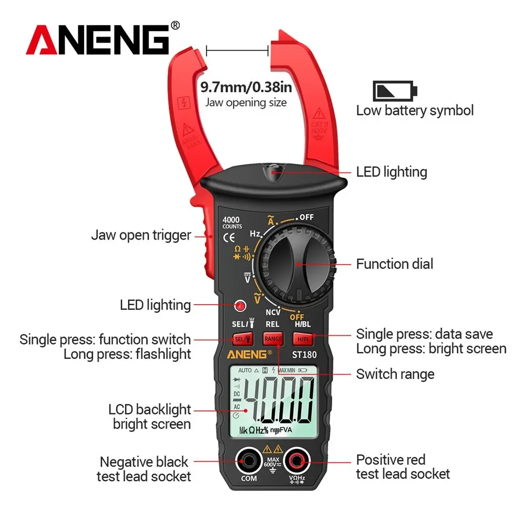 ANENG ST180 Clamp Meter ความแม่นยําสูง 4000 นับ AC/DC แรงดันไฟฟ้า NCV True RMS มัลติมิเตอร์แบบดิจิตอลทดสอบเครื่องมือวัด