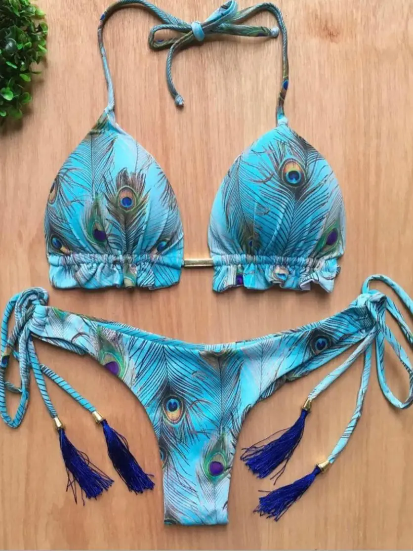 RUOTONGSEPT Sexy Micro Bikinis ensemble 2024 nouveau maillot de bain femmes plume imprimé maillot de bain bandeau femme maillot de bain brésilien Biquinis