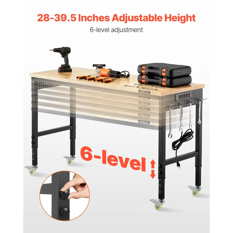 VEVOR 60-Inch Adjustable Workbench, 2000 lbs Load, Work Bench with Power Outlet, Wheels, and Pegboard, Heavy Duty Oak Wood