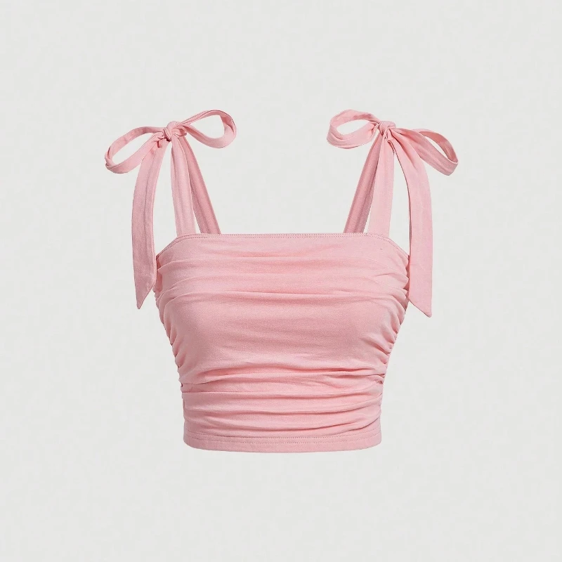 Sólido gravata ombro ruched alça larga fino ajuste colheita topo roupas femininas verão 2025 y2k roupas rosa sem costas camis topo streetwear