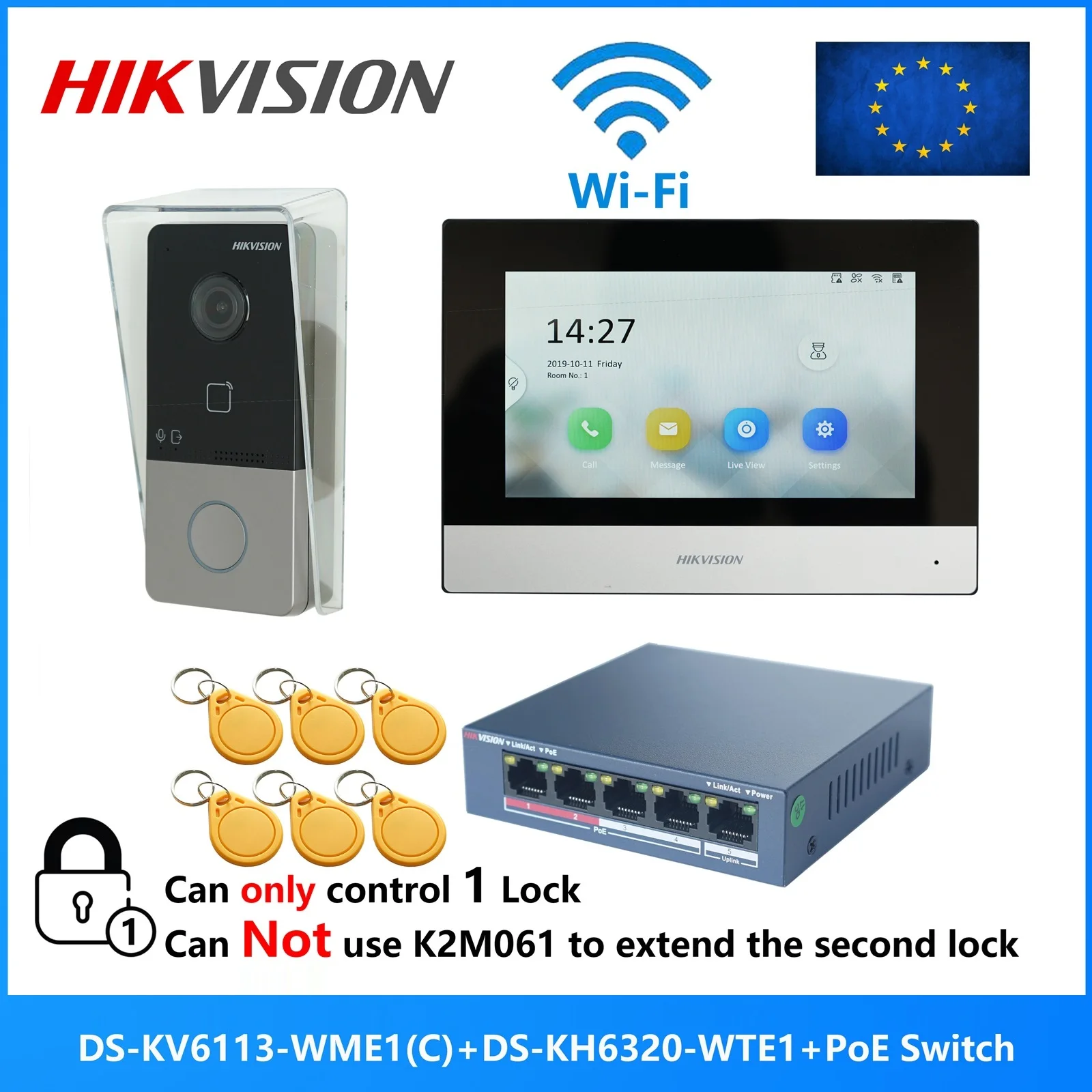 HIKVISION DS-KIS603-P(C) Meertalige 802.3af POE video-intercom KIT, inclusief DS-KV6113-WPE1(C) & DS-KH6320-WTE1 & PoE-schakelaar