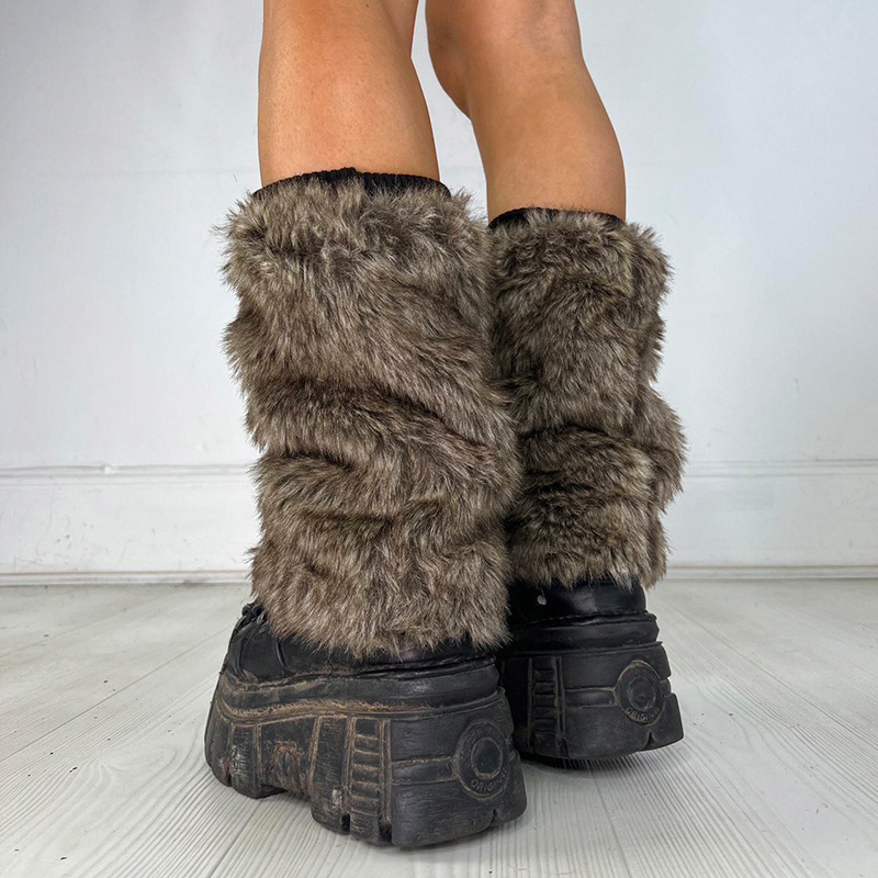Vintage Faux Fur ขาอุ่น Furry รองเท้าฝาครอบถุงเท้าฤดูหนาวหนาถุงเท้า Plush สาวร้อน Jk Punk Hiphop คอสเพลย์อุปกรณ์เสริม