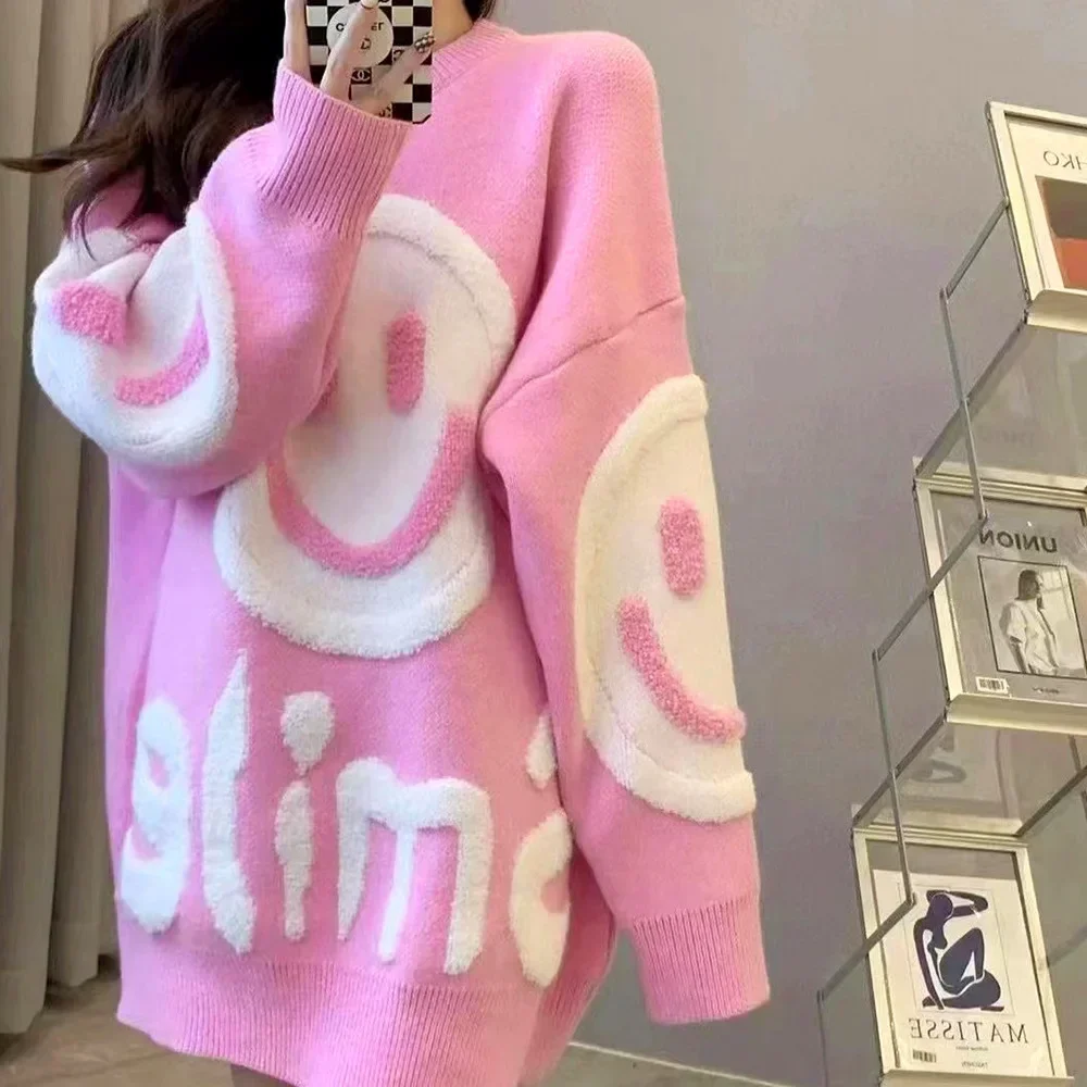 Neue Lose Verdickte Herbst Winter Mode Vielseitig Lächelndes Gesicht Rosa Pullover Warme Frauen Rundhals Langes Hemd Weihnachten Pullover